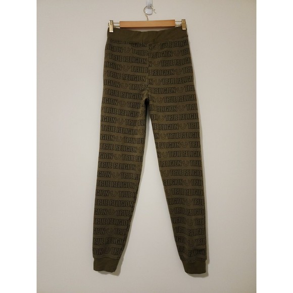 True Religion Youth Size L Jogger Fleece Sweatpants Olive Green Logo Print - Picture 3 of 8